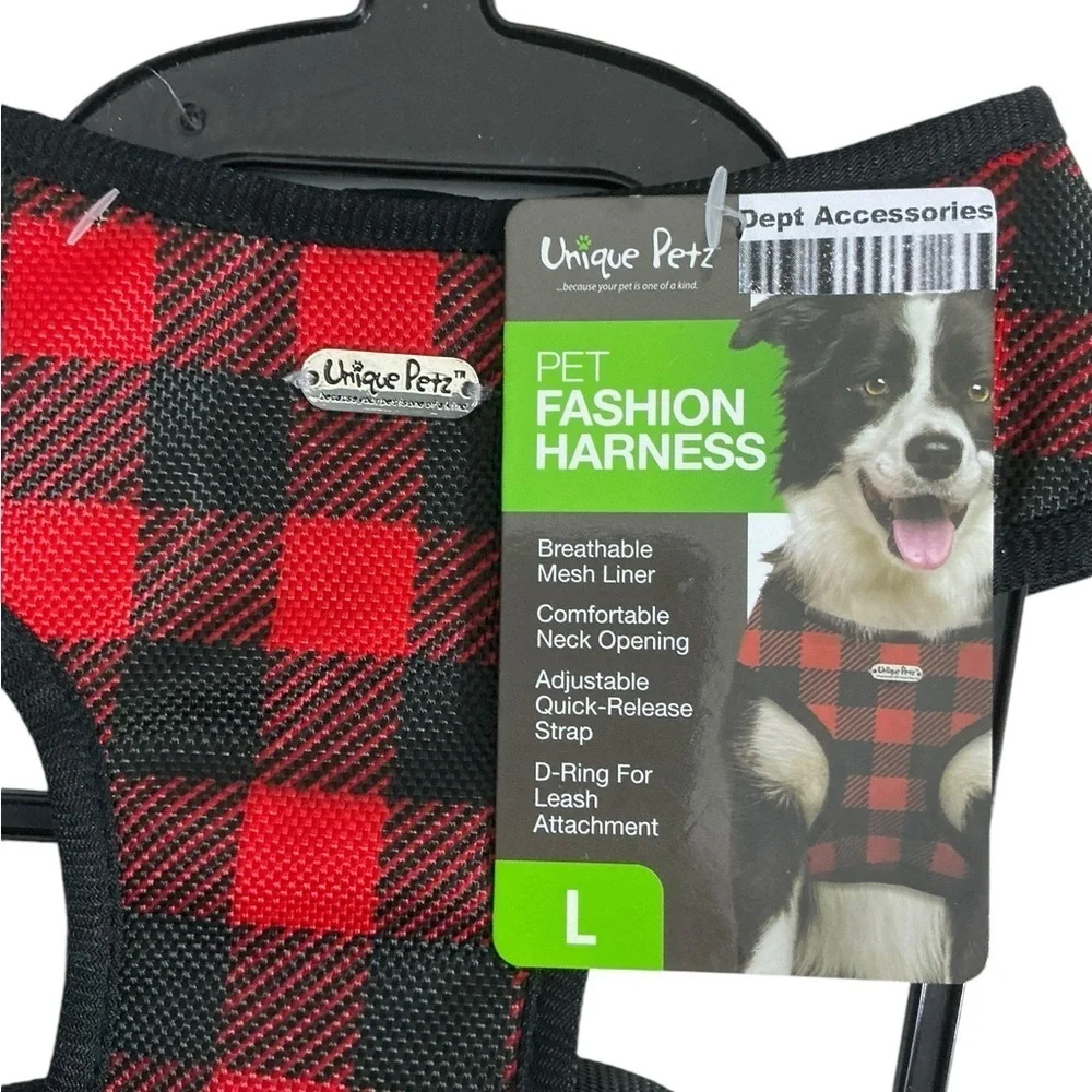 Unique Petz Dog Large Harness Red Black Tartan Plaid Comfy Adjustable SZ L